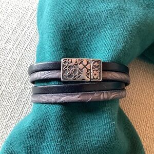 Black and Gray Leather Bracelet with Silver Clasp